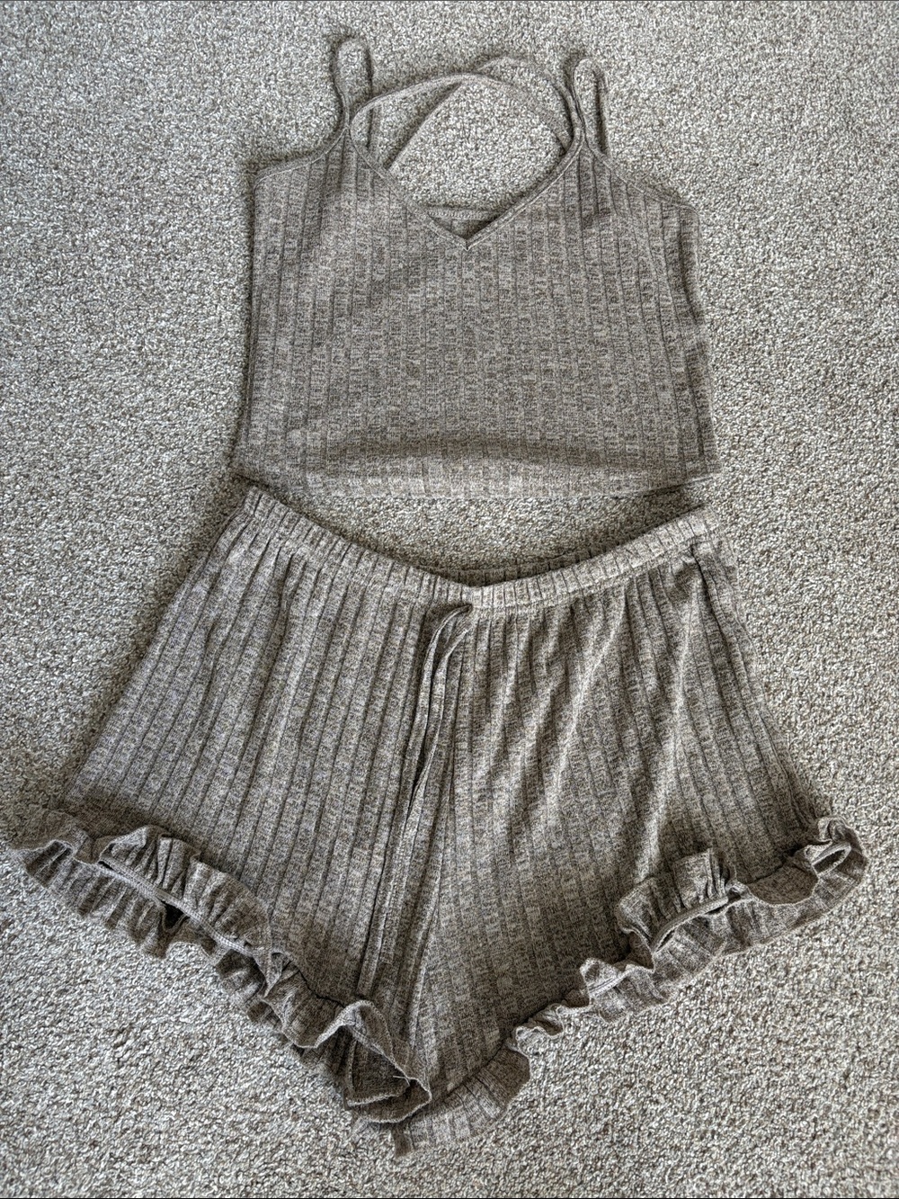 Like new. Cozy Ribbed Cami & Ruffle Short Set - Taupe